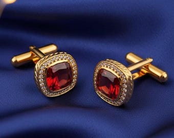 Red Ruby Gemstone Cufflinks: 14k Gold Plated Handmade Men's Jewelry