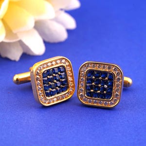 Blue Sapphire Gemstone Men's Cufflinks, Round Diamond Cufflinks For Him, Wedding/Engagement Suit Cufflinks, 925 Sterling Silver Cufflinks
