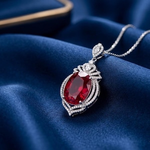 3カラット オーバル ルビー ダイヤモンド ハロー ペンダント ネックレス、レッド ジェムストーン ネックレス、14K ホワイト ゴールドメッキ、925 スターリング シルバー ブライダル ジュエリー、彼女へのギフト