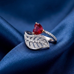 2.80Ct Heart Ruby CZ Diamond Leaf Ring, 14K White Gold Plated, 925 Sterling Silver Nature Inspired Open Wrap Anniversary Ring, Gift For Her