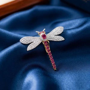 3Ct Ruby Dragonfly Brooch Pin, 14k Two-Tone Gold Plated CZ Insect Brooch, 925 Sterling Silver Nature-Inspired Jewelry, Elegant Gift For Her