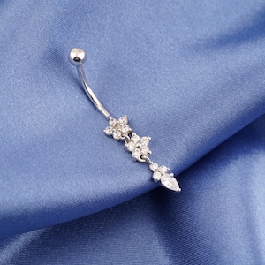 Navel Piercing Jewelry, 14k Solid Gold Flower Belly Button Ring, Dangle Belly Ring For Women, Round Cut Diamond Belly Body jewelry For Girls