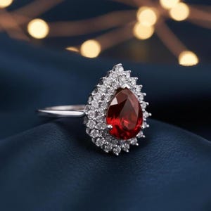 Pear Ruby Ring 14K Gold Plated Silver Cocktail Statement Ring Gift for Her