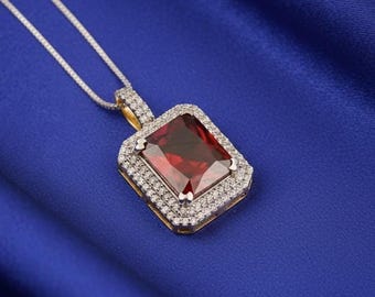 Emerald Shape Ruby Pendant, Red Gemstone Pendant, Solitaire Ruby Necklace, July Birthstone Women Pendant, 925 Silver Chain Necklace