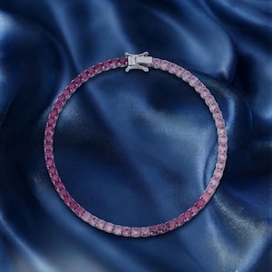 Bracelet de tennis rond en rubis rose et saphir rose, plaqué or 14 carats sur argent, délicat cadeau d'anniversaire