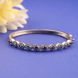 Birthstone Blue Sapphire Bangle Bracelet, Handmade Round Diamond Bangle, 14k White Gold Bangle For Women, 925 Sterling Silver Bangle For Her