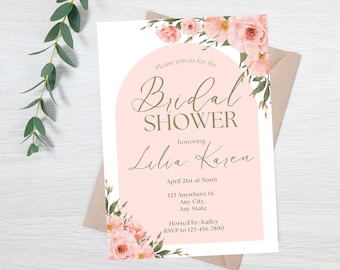 May include: Bridal shower invitation with a blush pink arch design. The invitation includes floral accents and the text "Please join us for the Bridal Shower honoring Lilia Karen". The date and time are listed.