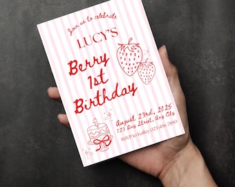 Berry First Birthday Invitation Template: Strawberry Party (Digital Download)