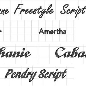 May include: A selection of script fonts, including "St&eacute;phane Freestyle Script", "Arthur", "Amertha", "St&eacute;phanie", "Cabaraga", "In&eacute;s", and "Pendry Script", presented on a grid background. The fonts are in a dark colour.