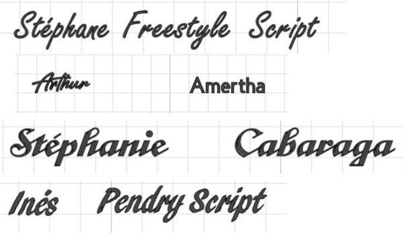 May include: A selection of script fonts, including "St&eacute;phane Freestyle Script", "Arthur", "Amertha", "St&eacute;phanie", "Cabaraga", "In&eacute;s", and "Pendry Script", presented on a grid background. The fonts are in a dark colour.