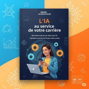 May include: An ebook cover with the title "L'IA au service de votre carrière" in white and orange text on a dark blue background. The cover features an illustration of a woman using a phone and laptop, with AI-themed graphics.