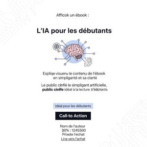 Könnte beinhalten: Weißes Grafikdesign mit dem Text "L'IA pour les débutants" und einer Illustration eines Gehirns. Das Bild enthält den Text "Call-to Action" und weiteren Text auf Französisch.