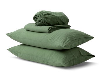 Juego de sábanas de lino francés 100% color verde pistacho, ropa de cama suave y lavada, juego de lujo transpirable de 4 piezas