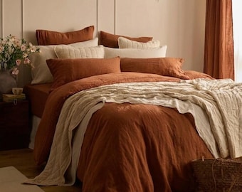 Cinnamon color Linen Duvet Cover Set: 100% French Flax Stonewashed Bedding