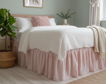 Faldón de cama de lino en color rosa pastel, 100 % lino francés, volantes de lino, longitud personalizada, cubrecama, volantes lavados, hechos a mano, cenefa tamaño Queen