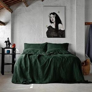 Può includere: Una camera da letto con un letto con lenzuola di lino verde scuro. Il letto ha un copripiumino e cuscini. Un dipinto di una donna con lunghi capelli neri è appeso al muro. Un piccolo comodino nero con decorazioni è a sinistra.