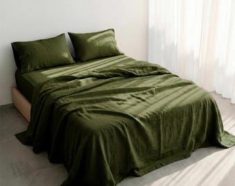 Donkergroen linnen laken, bedovertrek kingsize, queensize bed, zacht gewassen beddengoed hoes ademend luxe beddengoed, laken milieuvriendelijk linnen