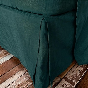 Dark Teal Linen Bedskirt, Stone Washed Soft Split Corner Tailored Bedding