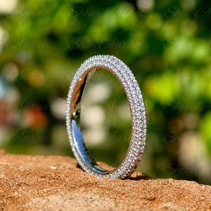 3 Row Micro Pave Lab Grown Diamond & Moissanite Wedding Band 14K Solid Gold Full Eternity Stackable Band Triple Row Pave Anniversary Gift