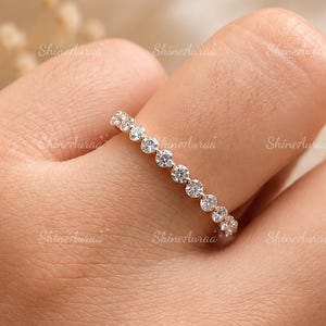 2.0 MM Round Cut Lab Grown Diamond & Moissanite Wedding Band 14K Solid Gold Half Eternity Shared Prong Stackable Matching Band Fine Jewelry