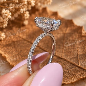 2.5 CT Elongated Cushion Cut Moissanite Solitaire Engagement Ring 14K Solid Gold Hidden Halo Pave Eternity Bridal Wedding Ring Proposal Gift
