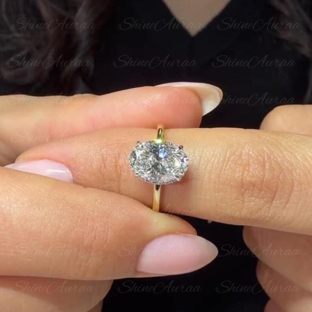 3CT Oval Cut Moissanite Engagement Ring 14K Solid Gold Hidden Halo ...
