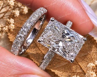 4 CT Radiant Cut Moissanite Hidden Halo Solitaire Engagement Ring Set 14K Solid Gold Pave Eternity Matching Wedding Band Luxury Bridal Set
