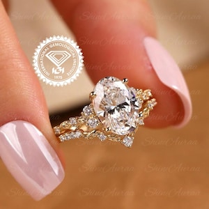 3CT Oval Cut IGI-Certified Lab-Grown Diamond Engagement Ring Set 14K Solid Gold Vintage Leaf Wedding Band Dainty Bridal Set Anniversary Gift