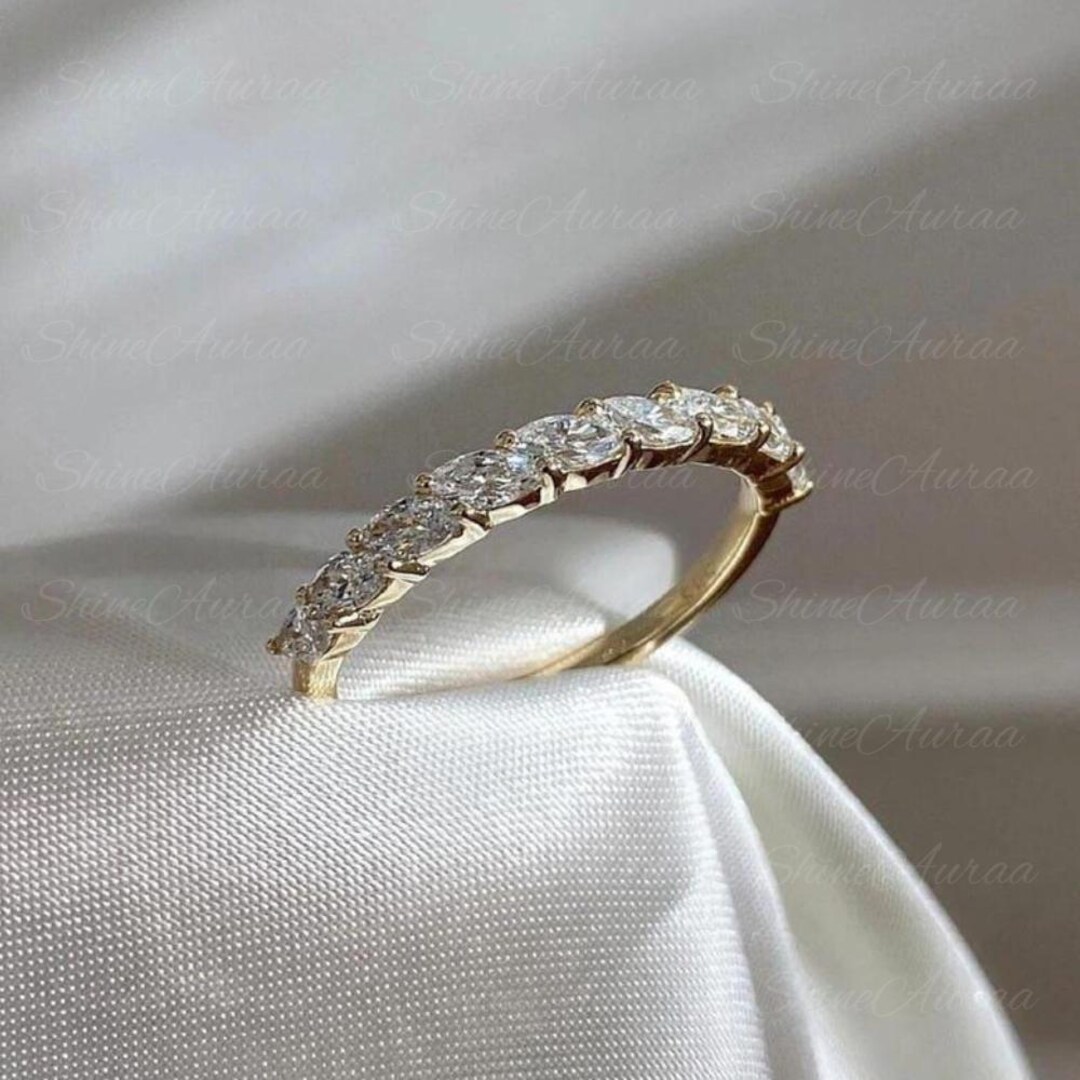 Marquise Cut Moissanite Half Eternity Wedding Band 14k Solid Gold ...