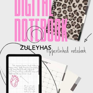 Könnte beinhalten: Digitales Notizbuch mit dem Text "DIGITAL NOTEBOOK" in Pink. Das Bild zeigt ein Notizbuch mit Leopardenmuster, ein Tablet mit handschriftlichen Notizen und einen Kalender. Der Markenname "ZULEYHAS" ist ebenfalls sichtbar.