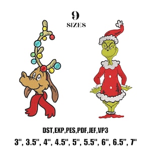 Puede incluir: Diseños bordados de un perro de dibujos animados con cuernos y una bufanda roja, y un personaje verde con un atuendo rojo y un gorro de Papá Noel. El texto dice "9 TAMAÑOS" y enumera tamaños de 7.6 cm a 17.8 cm.