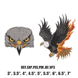 Könnte beinhalten: Zwei gestickte Adlerdesigns. Eines ist ein detaillierter Kopf mit gelben Augen und einem gelben Schnabel. Das andere ist ein Adler im Flug mit schwarzen und weißen Federn und orangefarbenen Flammen. Verfügbare Größen von 7.6 cm bis 17.8 cm.