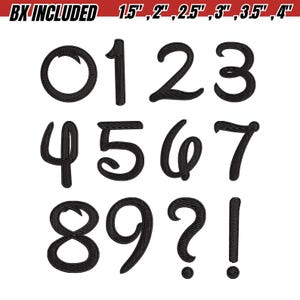 May include: Black embroidered numbers and symbols, including 0-9, question mark, and exclamation point. Sizes range from 1.5" to 4" in height. The text "BX INCLUDED" is at the top. Ideal for crafting and personalization projects.