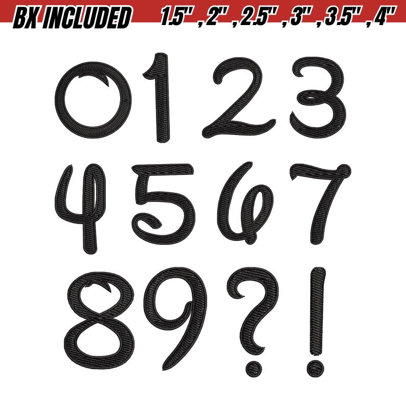 May include: Black embroidered numbers and symbols, including 0-9, question mark, and exclamation point. Sizes range from 1.5" to 4" in height. The text "BX INCLUDED" is at the top. Ideal for crafting and personalization projects.