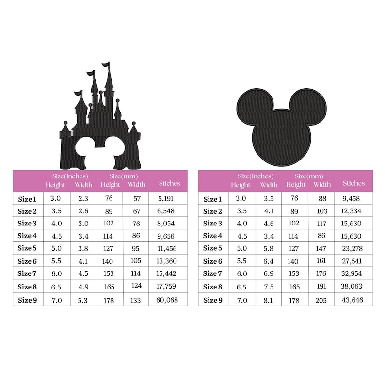 May include: Black silhouette embroidery designs of a castle and Mickey Mouse head. Size charts in inches and millimeters are included, detailing height, width, and stitch counts for each size option.
