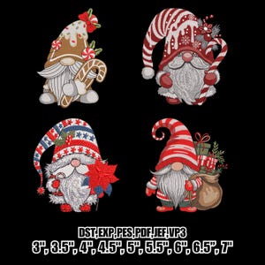 May include: Four embroidered Christmas gnome designs on a black background. Each gnome has a long white beard and a festive hat. One gnome is gingerbread-themed, another holds a candy cane, and a third has a bag of gifts. The image includes text indicating sizes.