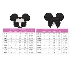 May include: Two black Mickey Mouse head designs. One with sunglasses, the other with a silhouette of a castle. Size charts in inches and millimeters are included, detailing height, width, and stitch counts for each size, ranging from 3.0" to 7.0" in height.