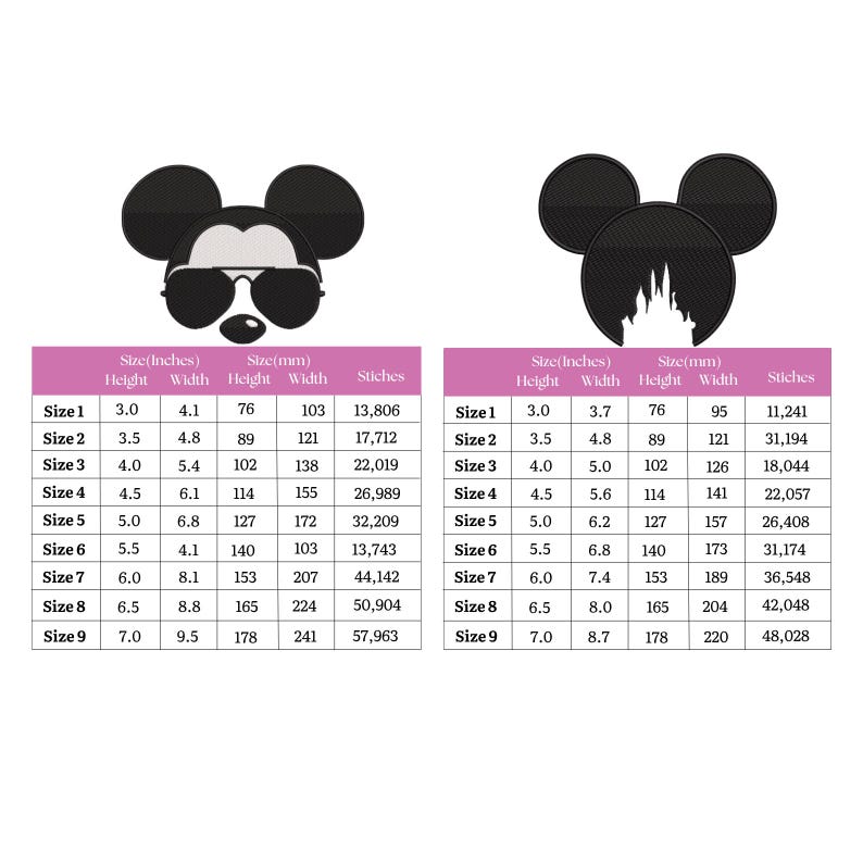 May include: Two black Mickey Mouse head designs. One with sunglasses, the other with a silhouette of a castle. Size charts in inches and millimeters are included, detailing height, width, and stitch counts for each size, ranging from 3.0" to 7.0" in height.
