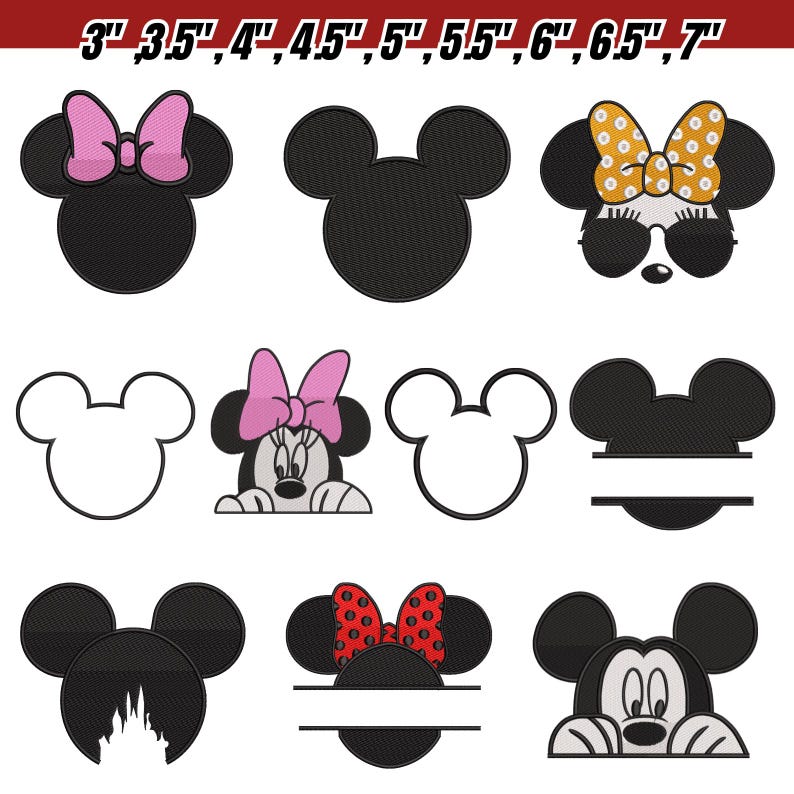 May include: A collection of black Mickey Mouse and Minnie Mouse head designs with various bow styles, including a pink bow, a yellow bow with white polka dots, and a red bow with white polka dots. Sizes range from 3 inches to 7 inches.