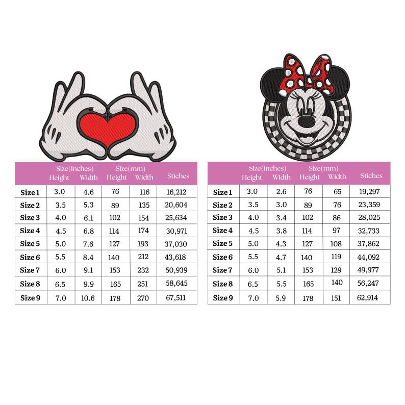 May include: Two embroidered patches: one with hands forming a heart around a red heart, and another featuring Minnie Mouse's face with a red bow. Size charts in inches and millimeters are included.