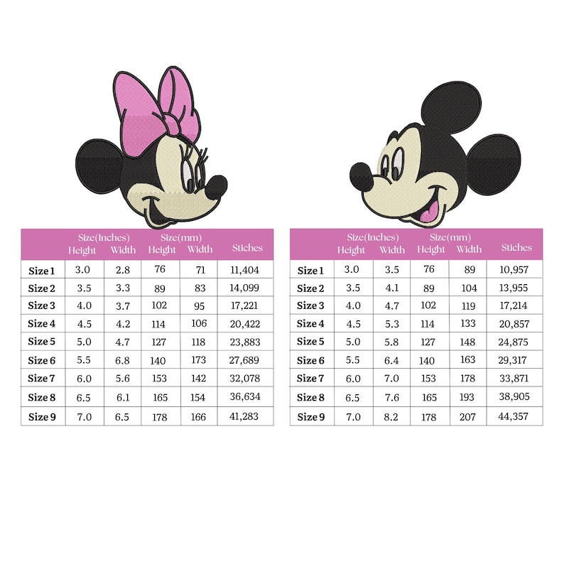 May include: Embroidered Minnie Mouse and Mickey Mouse head designs. Each design has a size chart in inches and millimeters, with stitch counts. Minnie's head has a pink bow. Mickey's head has a smiling expression.