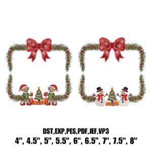 May include: Two Christmas-themed embroidery designs. Each design features a red bow at the top, a green wreath border, and a rectangular shape. One design has elves with gifts, the other has snowmen with a Christmas tree. The image includes text indicating file formats and sizes.