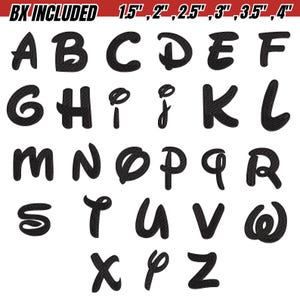 May include: Black embroidered alphabet letters in a whimsical font, ranging in sizes from 1.5 to 4 inches. The letters A through Z are displayed, perfect for personalized crafts and designs. The text "BX INCLUDED" is at the top.