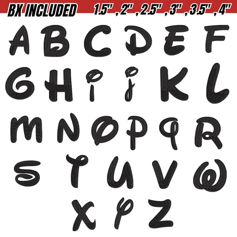 May include: Black embroidered alphabet letters in a whimsical font, ranging in sizes from 1.5 to 4 inches. The letters A through Z are displayed, perfect for personalized crafts and designs. The text "BX INCLUDED" is at the top.