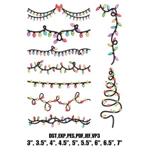 Könnte beinhalten: Verschiedene Designs von bunten Weihnachts-Lichterketten. Die Lichter sind rot, grün, gelb und blau. Der Text zeigt Dateiformate und Größen von 7.6 cm bis 17.8 cm an.