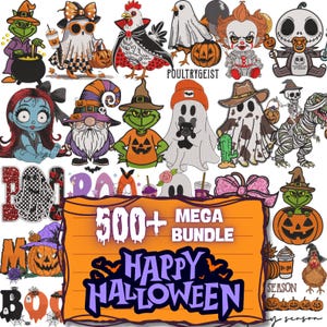 Peut inclure: Une collection de motifs numériques sur le thème d'Halloween, avec des personnages tels que des fantômes, des gnomes et des monstres. Les motifs incluent le texte "500+ MEGA BUNDLE" et "HAPPY HALLOWEEN" dans une police effrayante, avec des citrouilles, des chauves-souris et d'autres éléments festifs.