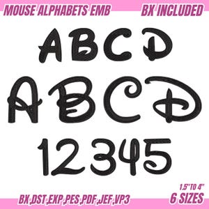 May include: Black embroidered alphabet letters and numbers in a whimsical font. The image includes the letters A, B, C, D, and the numbers 1, 2, 3, 4, 5. The text "MOUSE ALPHABETS EMB" and "BX INCLUDED" are at the top. The text "1.5" to 4" 6 SIZES" is at the bottom.