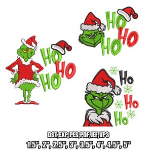 May include: Embroidered designs featuring the Grinch in a Santa hat, with the words "Ho Ho Ho". The Grinch is depicted in various poses, wearing a red Santa suit. The image includes text indicating file formats and sizes.