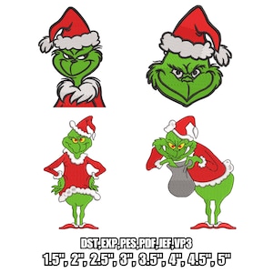 May include: Four embroidered Grinch designs in various poses, all wearing Santa hats and red outfits. The Grinch is green with yellow eyes. The image includes text: DST, EXP, PES, PDF, JEF, VP3 and sizes from 1.5" to 5".