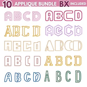 Op de afbeelding: Een verzameling van tien applicatie-alfabetontwerpen, elk met de letters A, B, C en D. De letters zijn in verschillende stijlen en kleuren, waaronder roze, rood, goud, paars en blauw. De tekst "10 APPLIQUE BUNDLE BX INCLUDED" staat bovenaan.